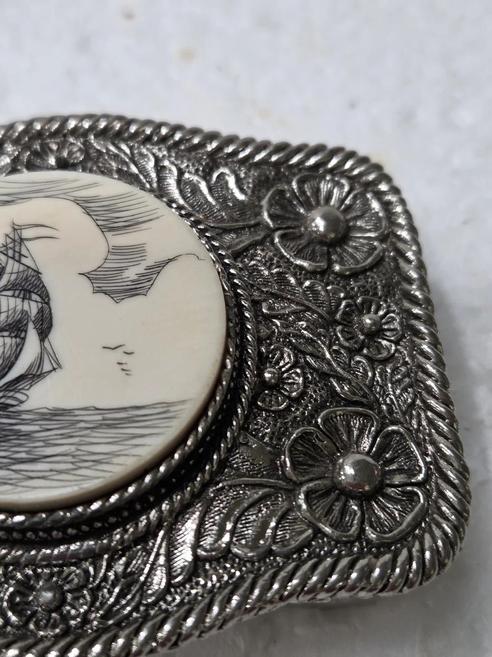Vintage  Belt Buckle with Silver Tone SCRIMSHAW CLIPPER SAIL BOAT